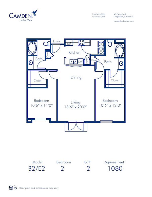 Blueprint of B2 Floor Plan, 2 Bedrooms and 2 Bathrooms at Camden Harbor View Apartments in Long Beach, CA