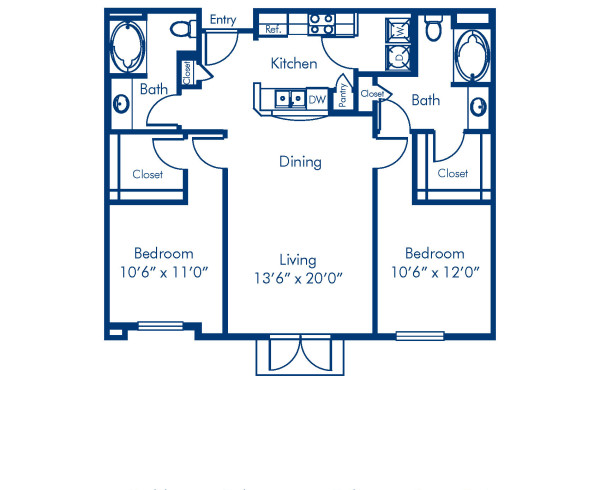 Blueprint of B2 Floor Plan, 2 Bedrooms and 2 Bathrooms at Camden Harbor View Apartments in Long Beach, CA