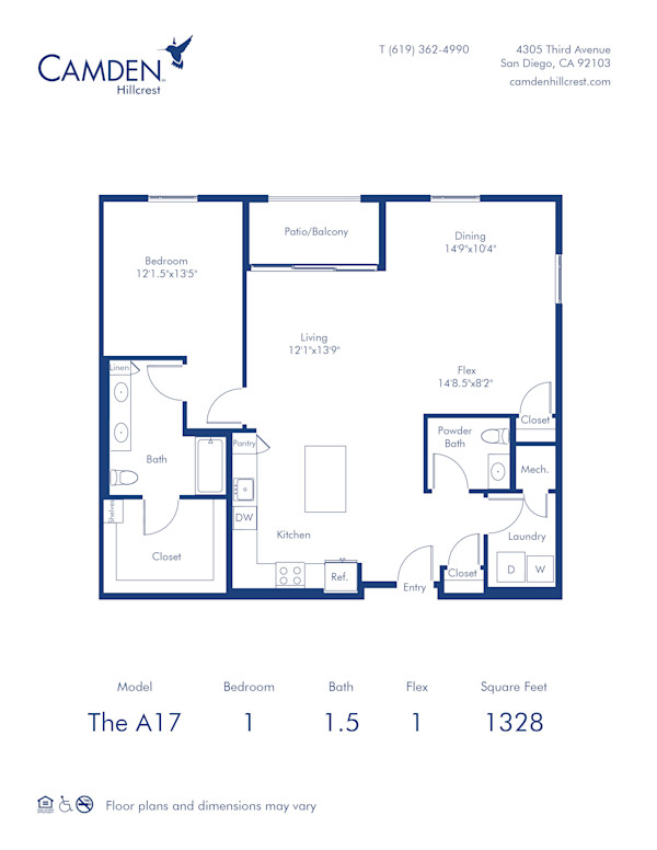 Camden Hillcrest apartments in San Diego, California one bedroom, one and a half bath floor plan The A17