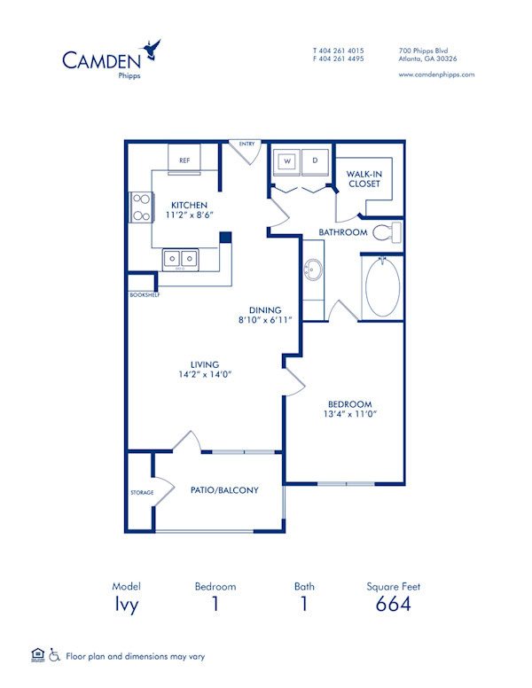 Blueprint of Ivy Floor Plan, 1 Bedroom and 1 Bathroom at Camden Phipps Apartments in Atlanta, GA