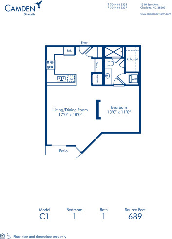 Blueprint of C1 Floor Plan, 1 Bedroom and 1 Bathroom at Camden Dilworth Apartments in Charlotte, NC
