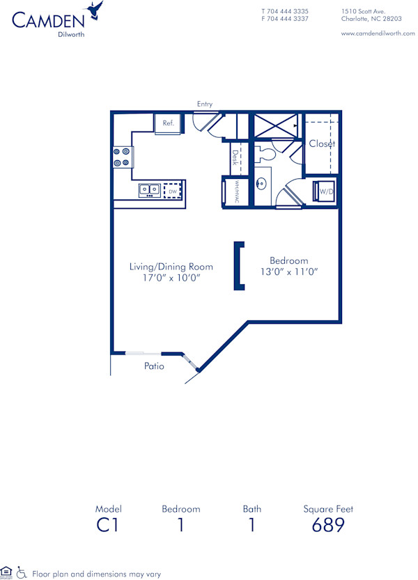 Blueprint of C1 Floor Plan, 1 Bedroom and 1 Bathroom at Camden Dilworth Apartments in Charlotte, NC