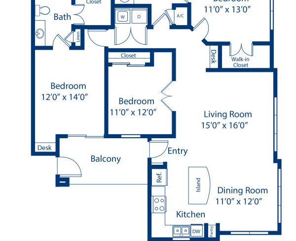 Blueprint of Polo Floor Plan, 3 Bedrooms and 2 Bathrooms at Camden Northpointe Apartments in Tomball, TX