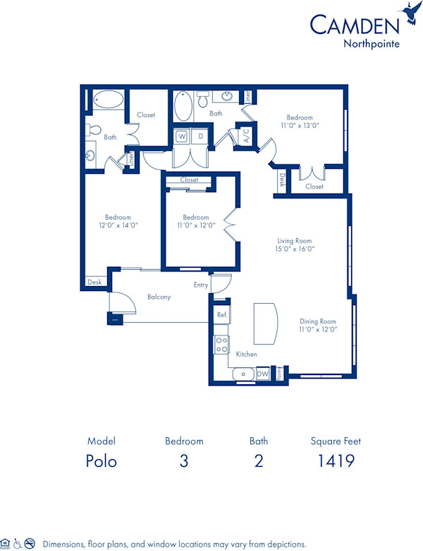 Blueprint of Polo Floor Plan, 3 Bedrooms and 2 Bathrooms at Camden Northpointe Apartments in Tomball, TX
