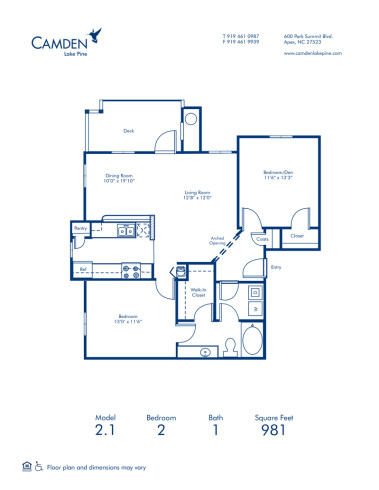 Blueprint of 2.1 Floor Plan, Apartment Home with 2 Bedrooms and 1 Bathroom at Camden Lake Pine in Apex, NC