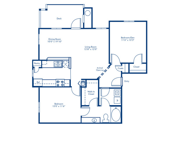 Blueprint of 2.1 Floor Plan, Apartment Home with 2 Bedrooms and 1 Bathroom at Camden Lake Pine in Apex, NC