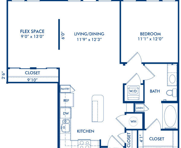 Blueprint of Mercer Floor Plan, 1 Bedroom and 1 Bathroom at Camden Belmont Apartments in Dallas, TX