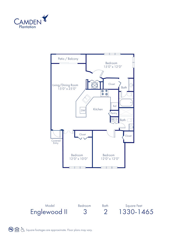 Blueprint of Englewood II Floor Plan, 3 Bedrooms and 2 Bathrooms at Camden Plantation Apartments in Plantation, FL