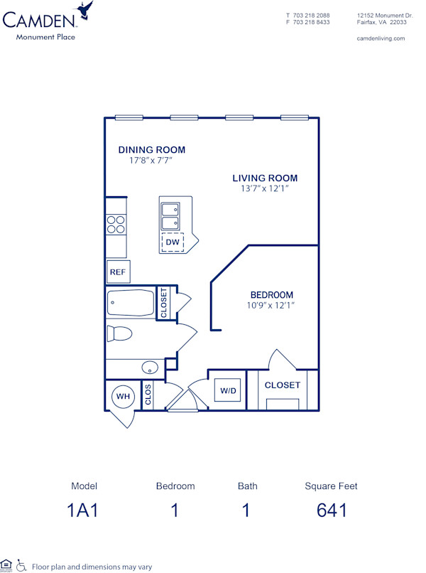 Blueprint of 1A1 Floor Plan, Studio with 1 Bathroom at Camden Monument Place Apartments in Fairfax, VA