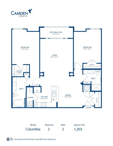Blueprint of Columbia Floor Plan, 2 Bedrooms and 2 Bathrooms at Camden College Park Apartments in College Park, MD