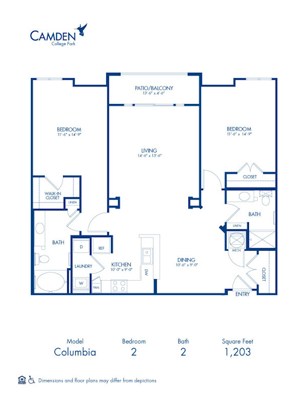 Blueprint of Columbia Floor Plan, 2 Bedrooms and 2 Bathrooms at Camden College Park Apartments in College Park, MD