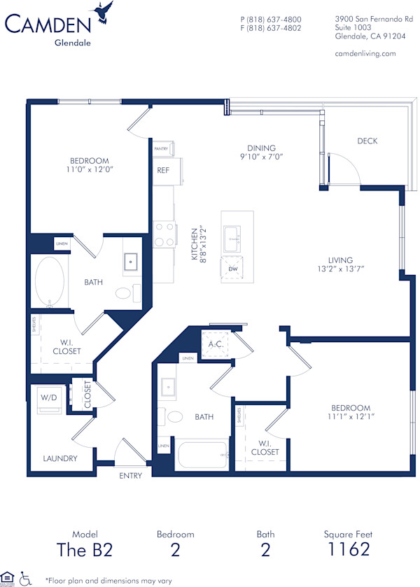 Blueprint of B2 Floor Plan, 2 Bedrooms and 2 Bathrooms at Camden Glendale Apartments in Glendale, CA