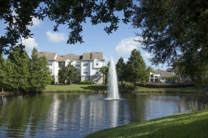 Lake view with water fountain