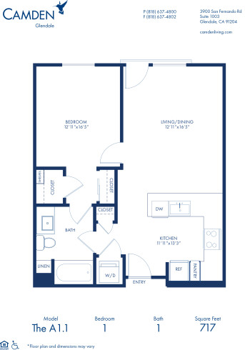 Blueprint of A1.1 Floor Plan, 1 Bedroom and 1 Bathroom at Camden Glendale Apartments in Glendale, CA