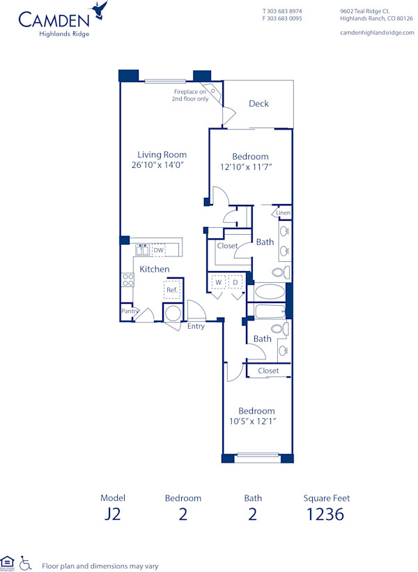 Blueprint of J2 Floor Plan, 2 Bedrooms and 2 Bathrooms at Camden Highlands Ridge Apartments in Highlands Ranch, CO