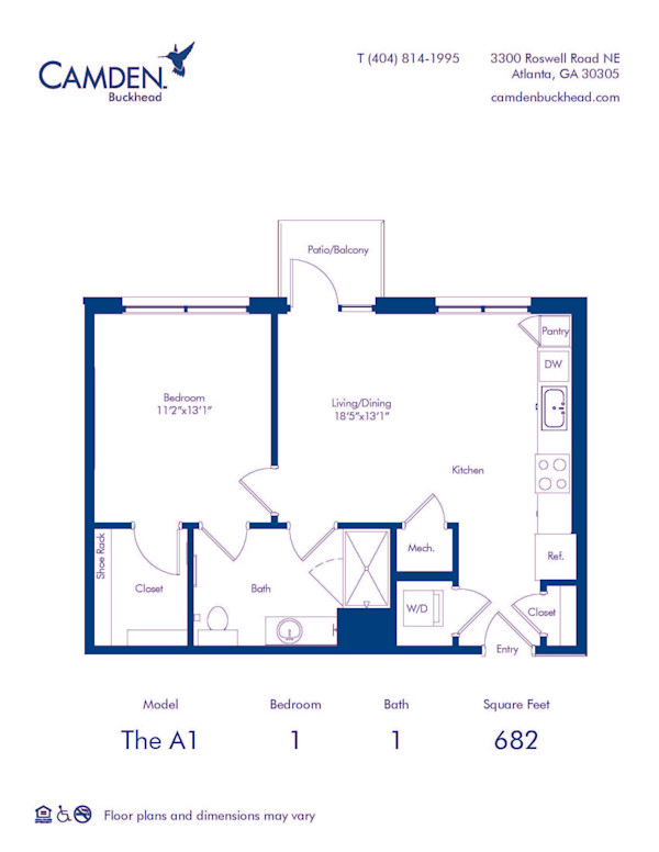 Blueprint of A1 floor plan, 1 bedrrom and 1 bath at Camden Buckhead in Atlanta, GA