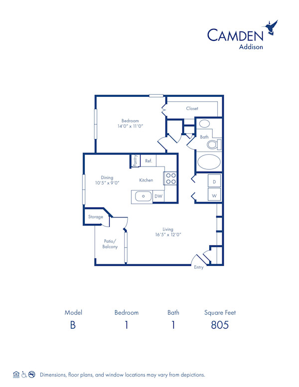 Blueprint of B Floor Plan, 1 Bedroom and 1 Bathroom at Camden Addison Apartments in Addison, TX