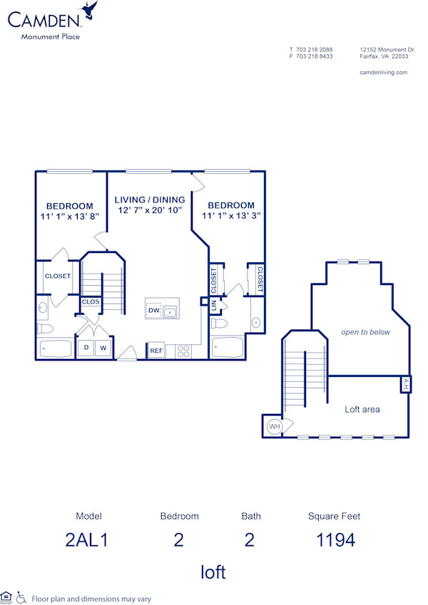 Blueprint of 2AL1 Floor Plan, 2 Bedrooms and 2 Bathrooms at Camden Monument Place Apartments in Fairfax, VA