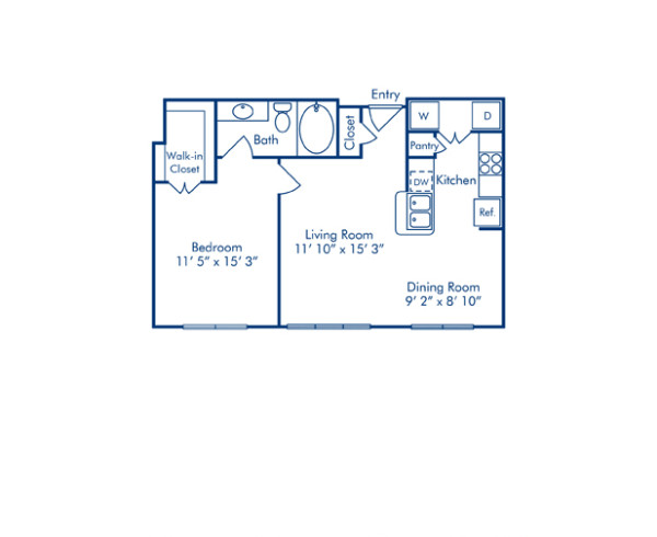 Blueprint of Corinth Floor Plan, 1 Bedroom and 1 Bathroom at Camden Plaza Apartments in Houston, TX