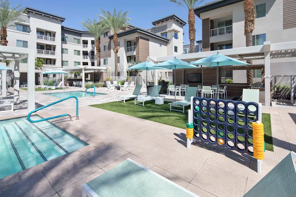 Pool, spa and outdoor game area at Camden North End.