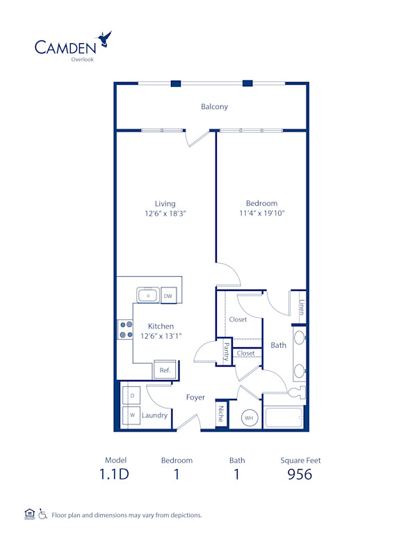 Camden Overlook apartments one bedroom floor plan 1.1D