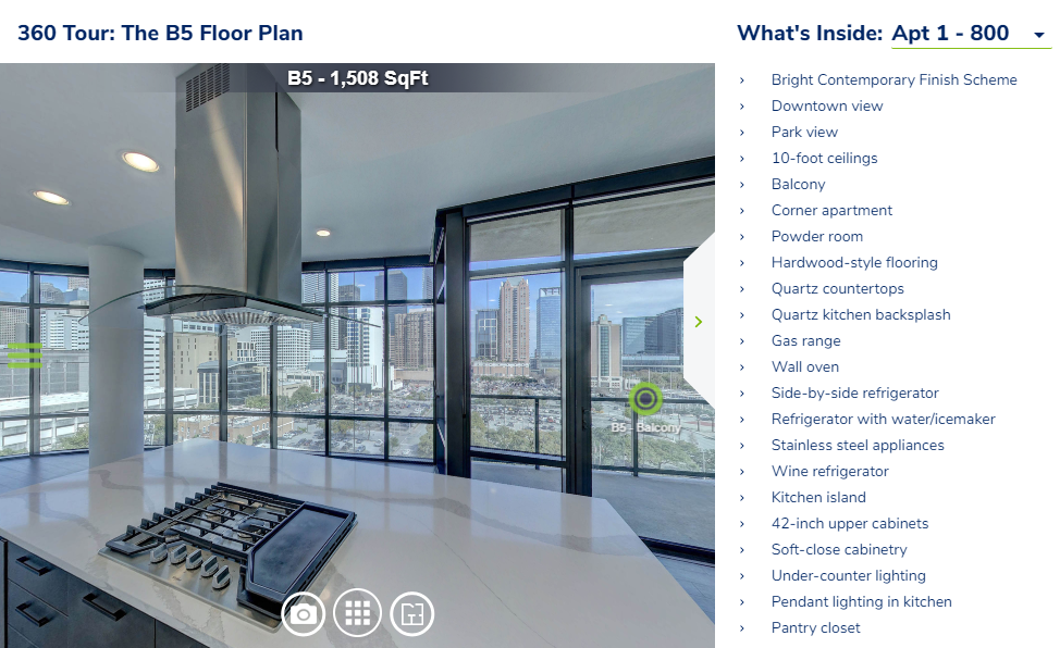 The What's Inside lets you view apartment features and a 360 tour side by side