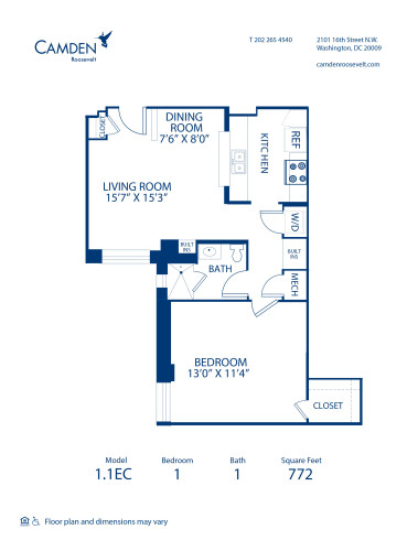 Blueprint of 1.1EC Floor Plan, 1 Bedroom and 1 Bathroom at Camden Roosevelt Apartments in Washington, DC