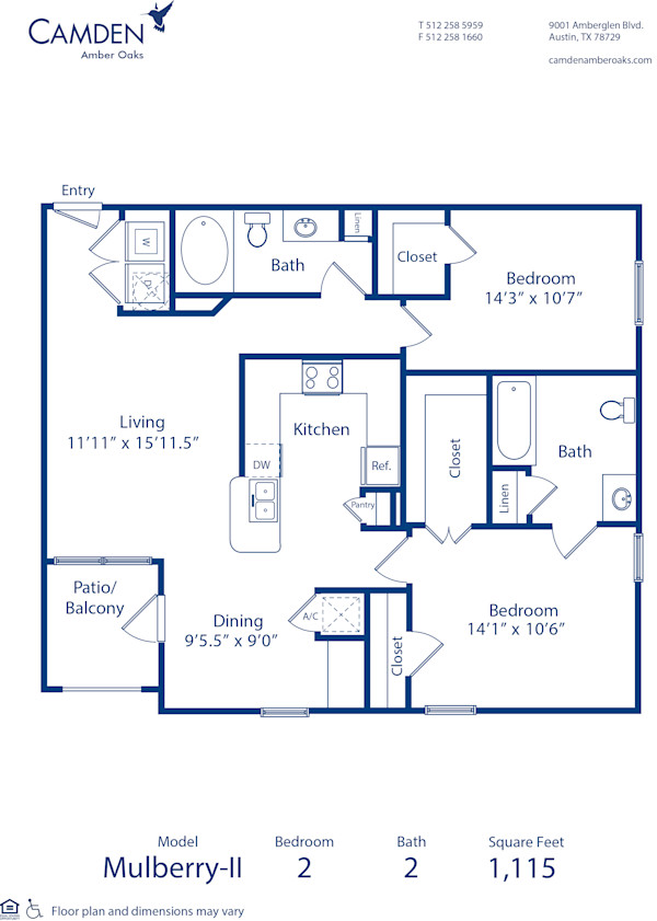 Blueprint of Mulberry - II Floor Plan, 2 Bedrooms and 2 Bathrooms at Camden Amber Oaks II Apartments in Austin, TX