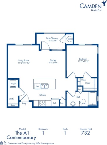 Blueprint of A1 Floor Plan, Apartment Home with 1 Bedrooms and 1 Bathrooms at Camden North End in Phoenix, AZ