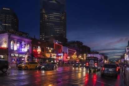 Broadway and Downtown Nashville at night near Camden Music Row apartments in Nashville, TN