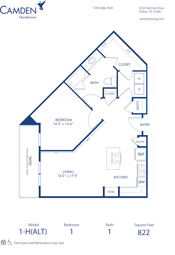 Blueprint of H (Alt) Floor Plan, 1 Bedroom and 1 Bathroom at Camden Henderson Apartments in Dallas, TX