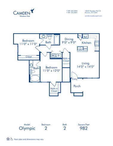 Blueprint of Olympic Floor Plan, 2 Bedrooms and 2 Bathrooms at Camden Woodson Park Apartments in Houston, TX