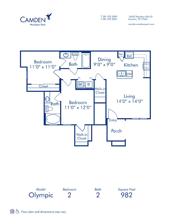 Blueprint of Olympic Floor Plan, 2 Bedrooms and 2 Bathrooms at Camden Woodson Park Apartments in Houston, TX