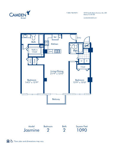 Blueprint of Jasmine Floor Plan, 2 Bedrooms and 2 Bathrooms at Camden Brickell Apartments in Miami, FL