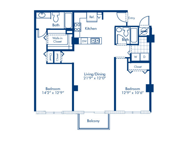 Blueprint of Jasmine Floor Plan, 2 Bedrooms and 2 Bathrooms at Camden Brickell Apartments in Miami, FL