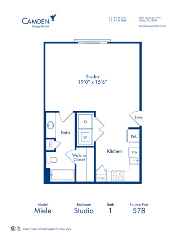 Miele Floor Plan, Studio Apartment Home with 1 Bathroom at Camden Design District Apartments in Dallas, TX