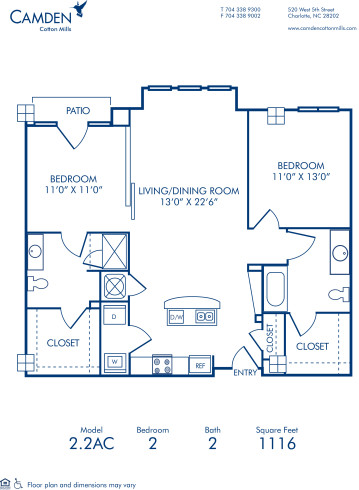 Blueprint of 2.2AC Floor Plan, 2 Bedrooms and 2 Bathrooms at Camden Cotton Mills Apartments in Charlotte, NC