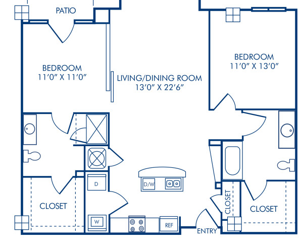 Blueprint of 2.2AC Floor Plan, 2 Bedrooms and 2 Bathrooms at Camden Cotton Mills Apartments in Charlotte, NC