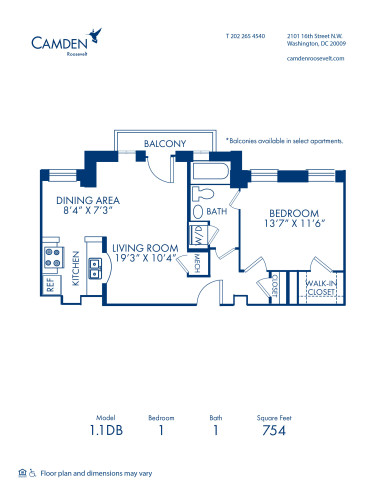 Blueprint of 1.1DB Floor Plan, 1 Bedroom and 1 Bathroom at Camden Roosevelt Apartments in Washington, DC