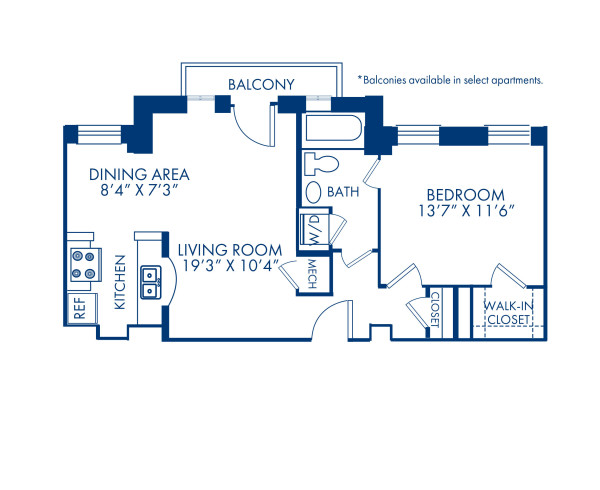 Blueprint of 1.1DB Floor Plan, 1 Bedroom and 1 Bathroom at Camden Roosevelt Apartments in Washington, DC