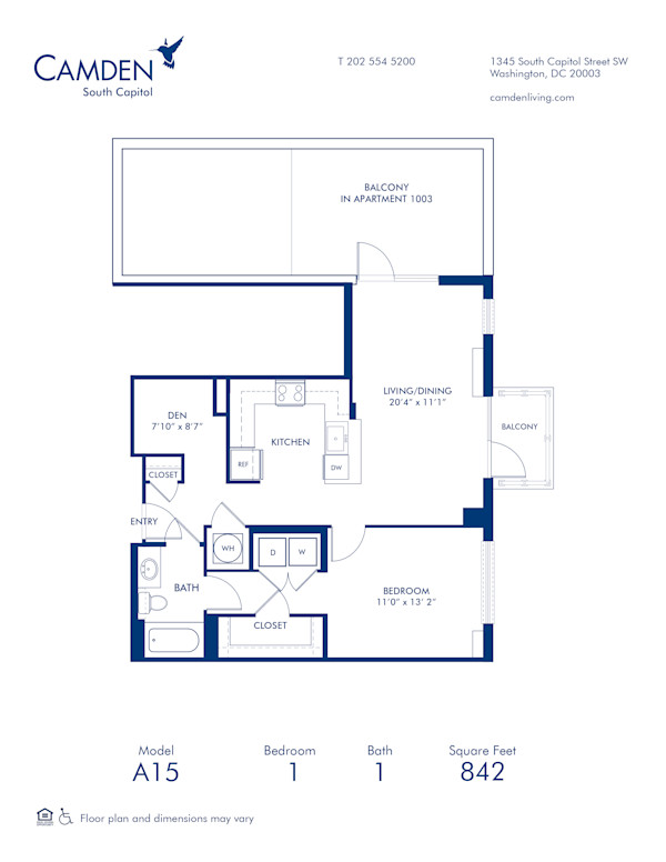 Blueprint of A15D Floor Plan, 1 Bedroom and 1 Bathroom at Camden South Capitol Apartments in Washington, DC