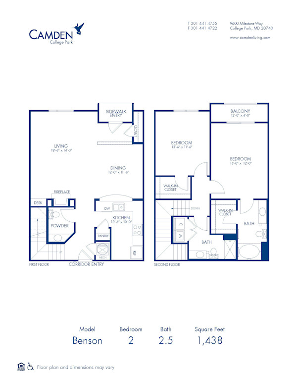 Blueprint of Benson Floor Plan, 2 Bedrooms and 2.5 Bathrooms at Camden College Park Apartments in College Park, MD