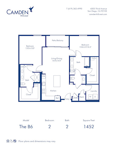 Camden Hillcrest apartments in San Diego, California two bedroom, two bath floor plan The B6