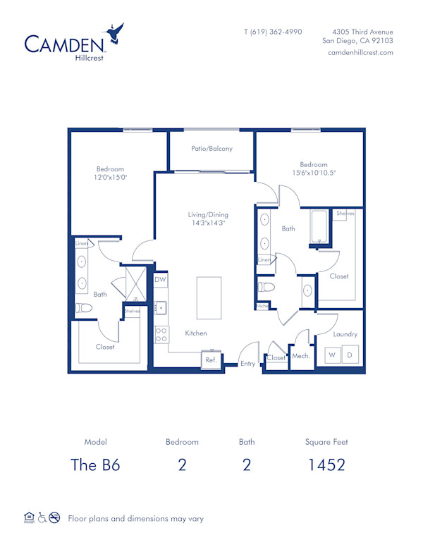 Camden Hillcrest apartments in San Diego, California two bedroom, two bath floor plan The B6