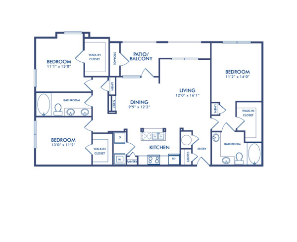 Blueprint of The Yale Floor Plan, 3 Bedrooms and 2 Bathrooms at Camden Heights Apartments in Houston, TX