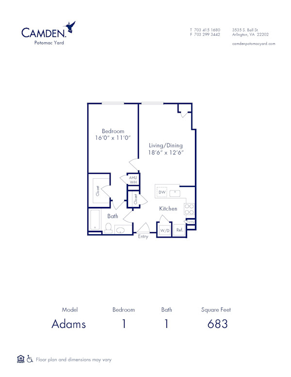 Blueprint of Adams Floor Plan, 1 Bedroom and 1 Bathroom at Camden Potomac Yard Apartments in Arlington, VA