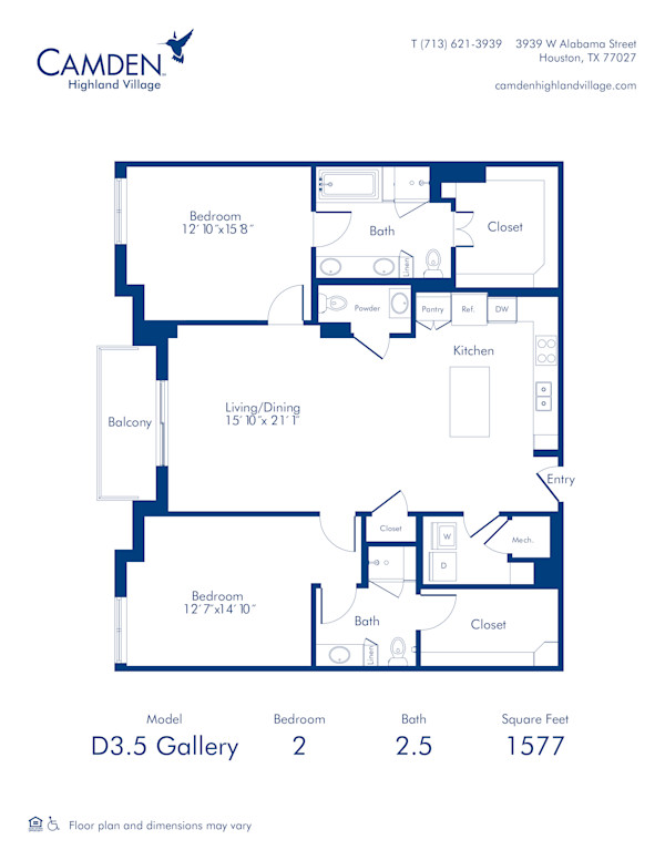 Camden Highland Village apartments in Houston, TX Gallery two bedroom floor plan D3.5