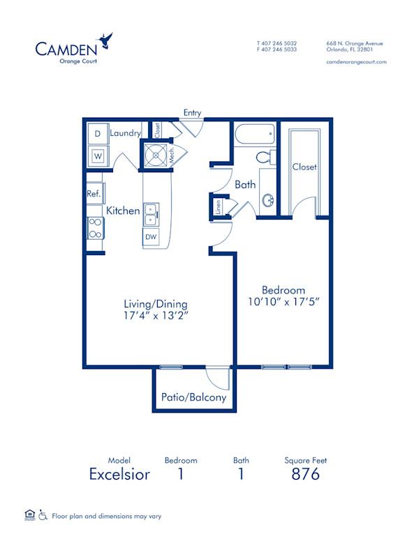 Blueprint of Excelsior Floor Plan, 1 Bedroom and 1 Bathroom at Camden Orange Court Apartments in Orlando, FL