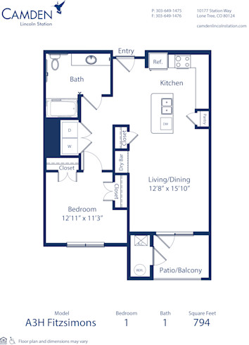 Blueprint of Fitzsimons Floor Plan, 1 Bedroom and 1 Bathroom at Camden Lincoln Station Apartments in Lone Tree, CO