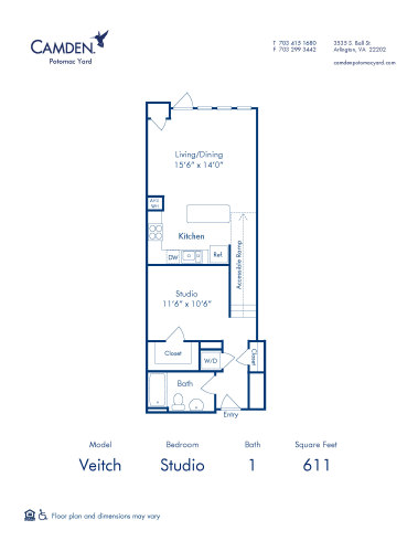 Blueprint of Veitch Floor Plan, Studio with 1 Bathroom at Camden Potomac Yard Apartments in Arlington, VA